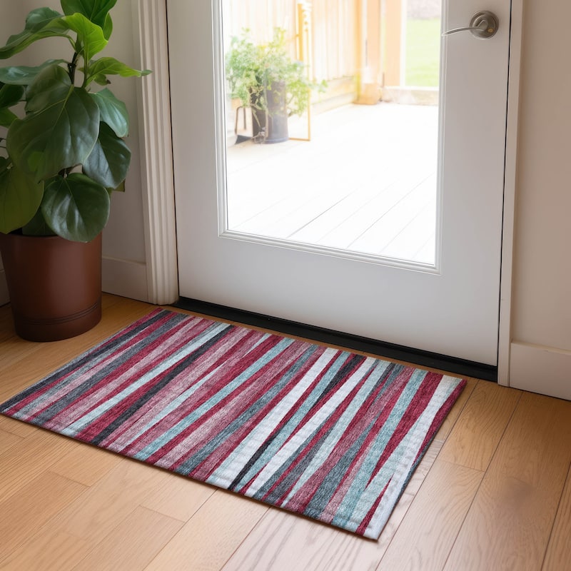Machine Washable Indoor/ Outdoor Modern Stripes Chantille Rug - Burgundy - 1'8" x 2'6"