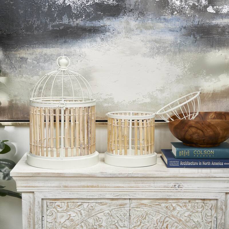 Bamboo Wood Handmade Birdcage with White Metal Accents - Set of 2 Brown - Roche River Decor