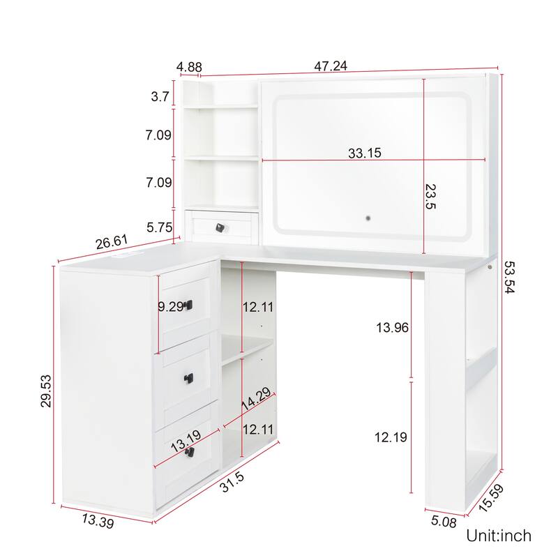 Vanity Desk with Lights & Power Strip, Large Bedroom Makeup Table, Dressing Table Set with Stool, 3 Drawers & 7 Shelves