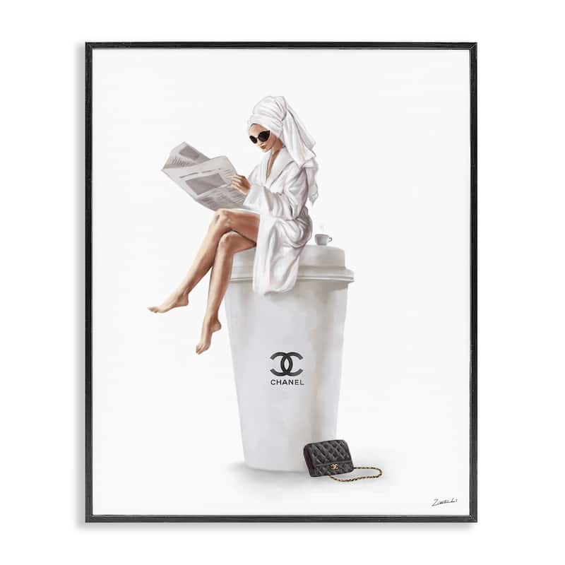 Stupell Chic Fashion Coffee and Purse Female Robe Pose Framed Giclee Texturized Art by Ziwei Li - 16 x 20 - Black