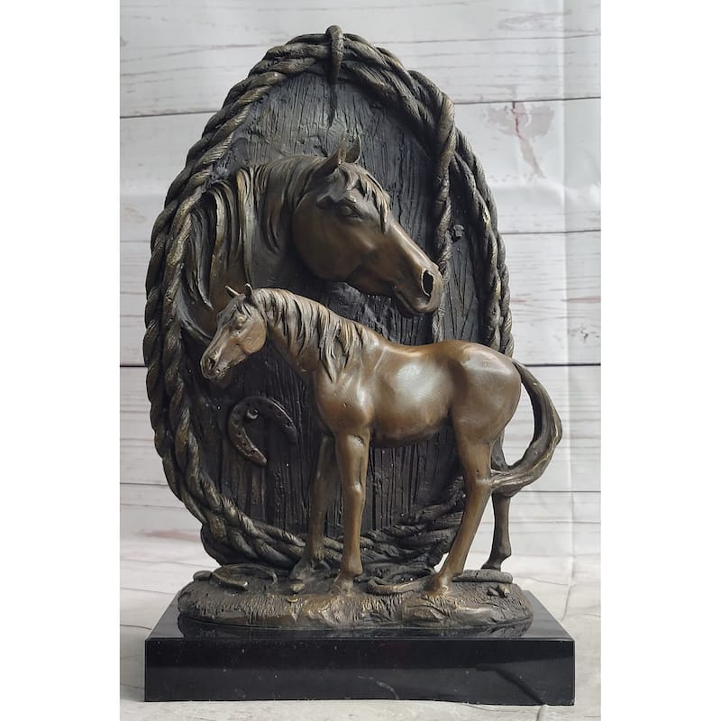 Equestrian Horse Lover Decor Mare Foal Bronze Sculpture Statue On Marble Base