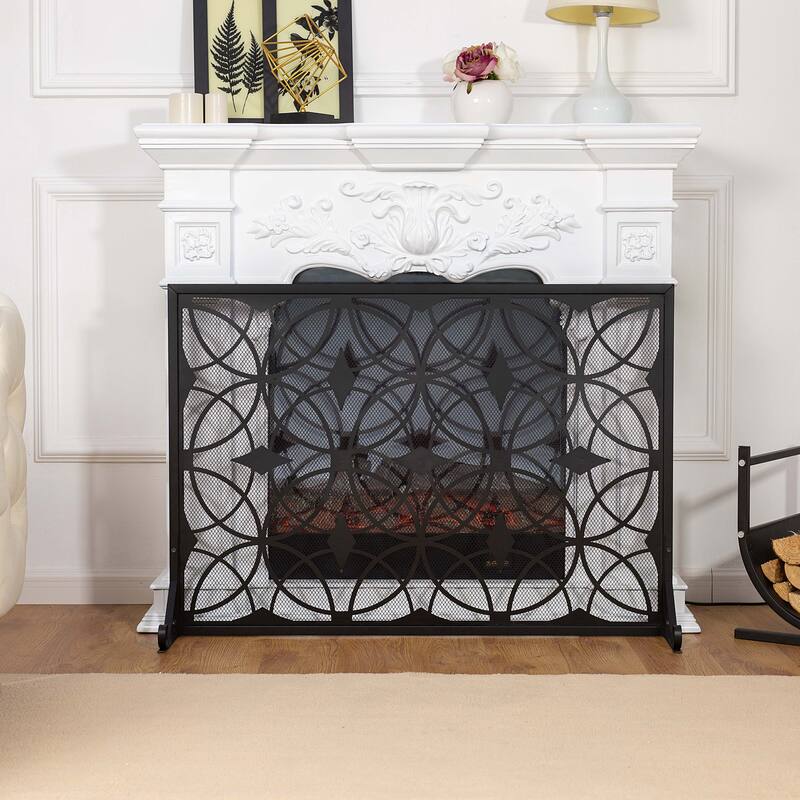 Modern Single Panel Black Unique Pattern Iron Fireplace Screen- - 41.73'' x 12.20'' x 29.33''