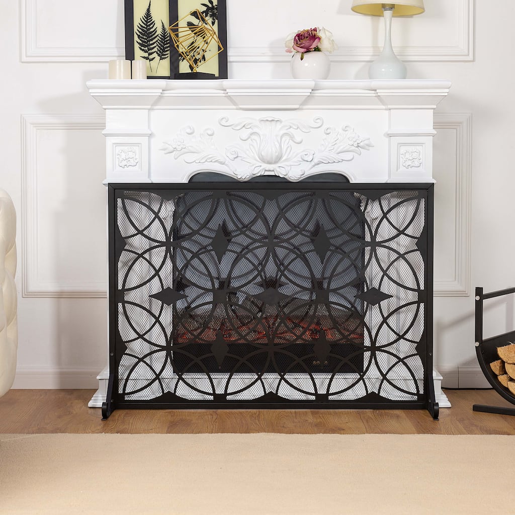 Modern Single Panel Black Unique Pattern Iron Fireplace Screen- - 41.73'' x 12.20'' x 29.33''