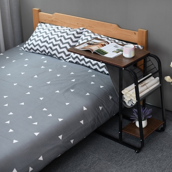 C Shape Snack Table Bedside Computer Desk with Storage Basket