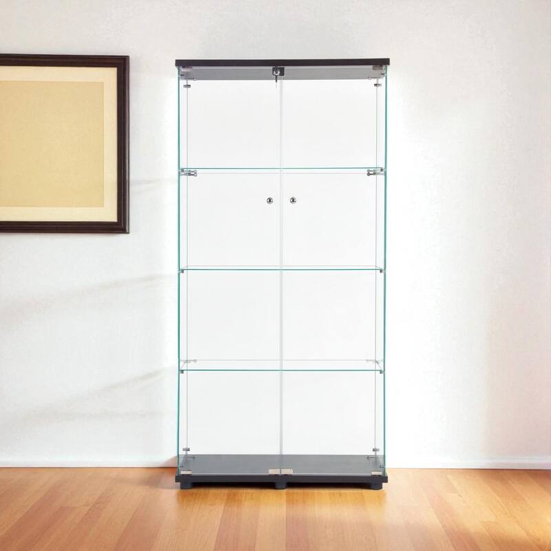 LED Glass Display Cabinet with 4 Shelves, Two Doors and Remote-Control Color Lighting