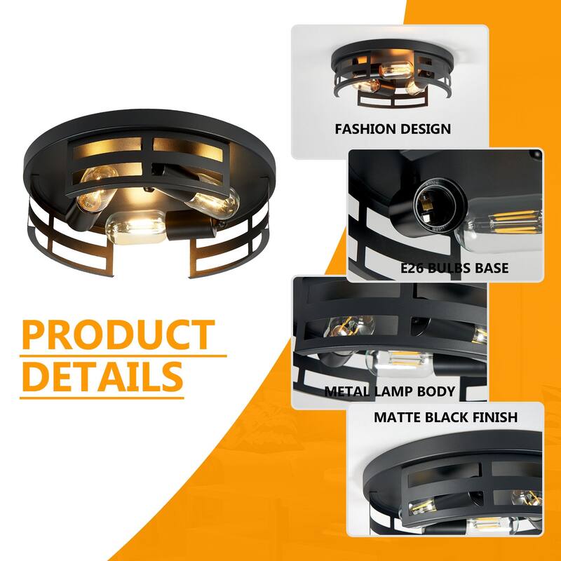 3-Light Black Farmhouse Flush Mount Ceiling Light-2 Pack For Bedroom/Living Room(Matte Black)