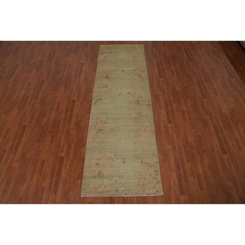 Hand Knotted Oriental 100% Wool Carpet Traditional Floral Green Ziegler Runner Rug - 10' 1'' X 3' 1''