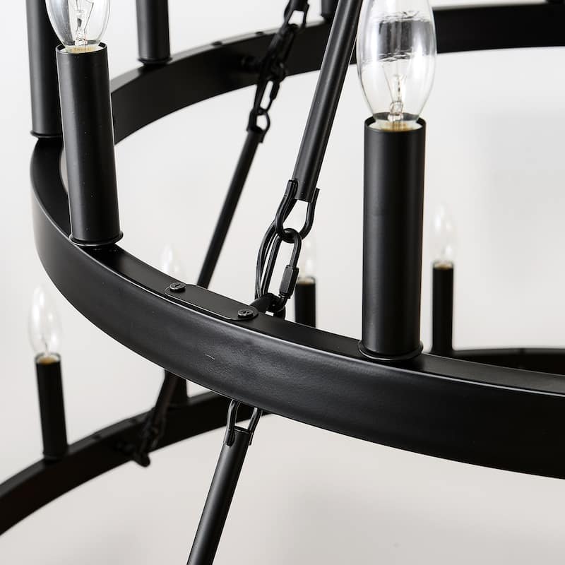 Farmhouse Industrial Style Ceiling Light, 2-Tier 36-Light Wagon Wheel Chandelier, for High-Ceilinged Living Rooms Dining Rooms