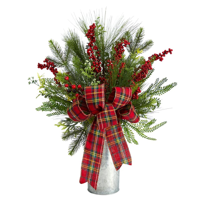 28” Berries with Plaid Bow Artificial Christmas Arrangement in Decorative Vase