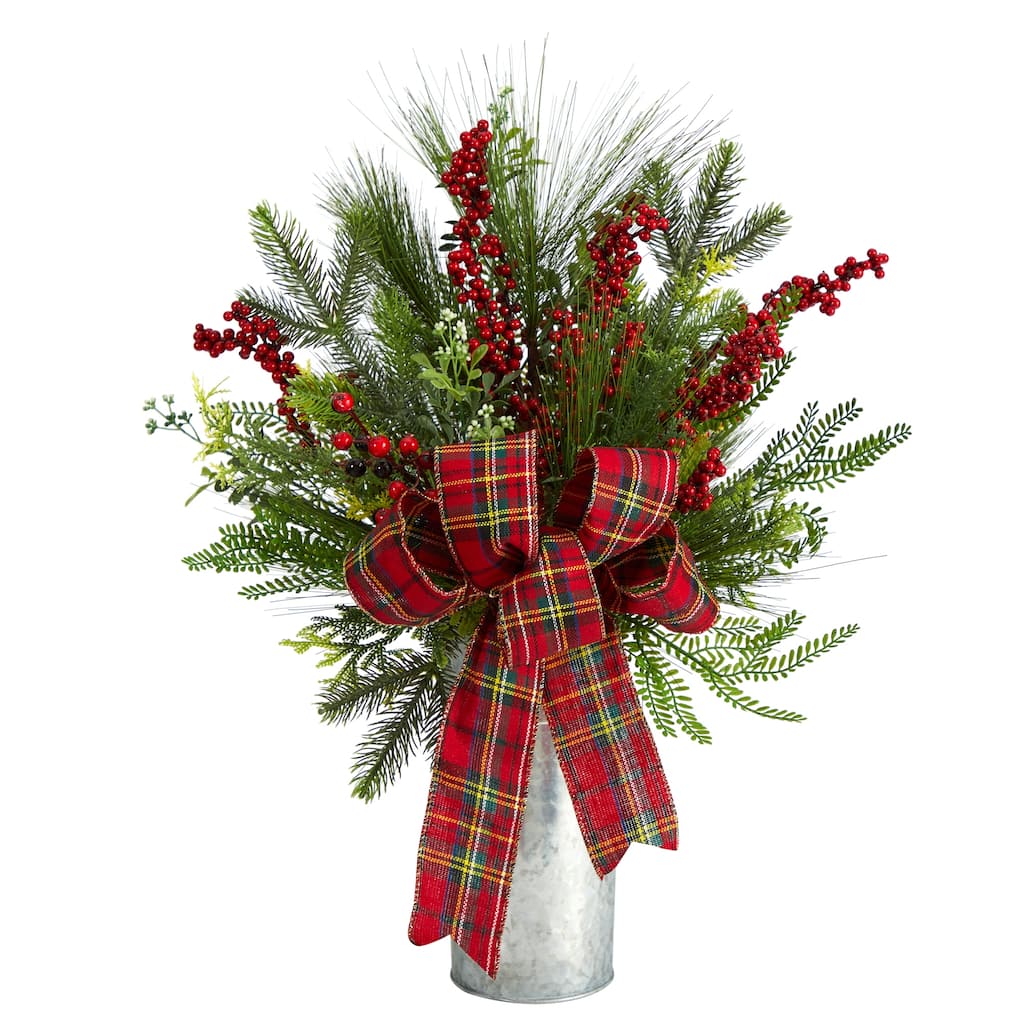 28” Berries with Plaid Bow Artificial Christmas Arrangement in Decorative Vase