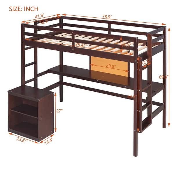 dimension image slide 5 of 6, Loft Bed with Desk and Writing Board, Wooden Loft Bed with Nightstand