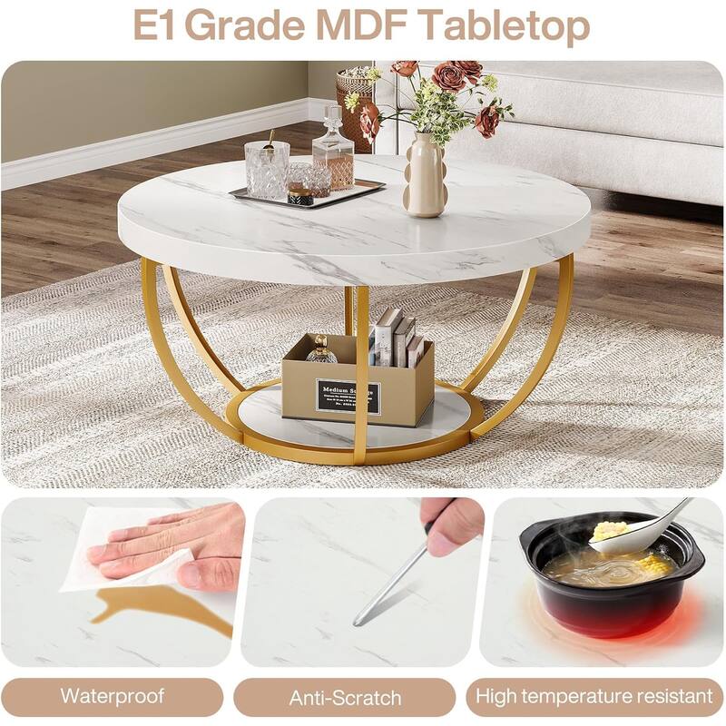 Modern Round Coffee Table, 31.7" 2 Tier C with Faux White Marble