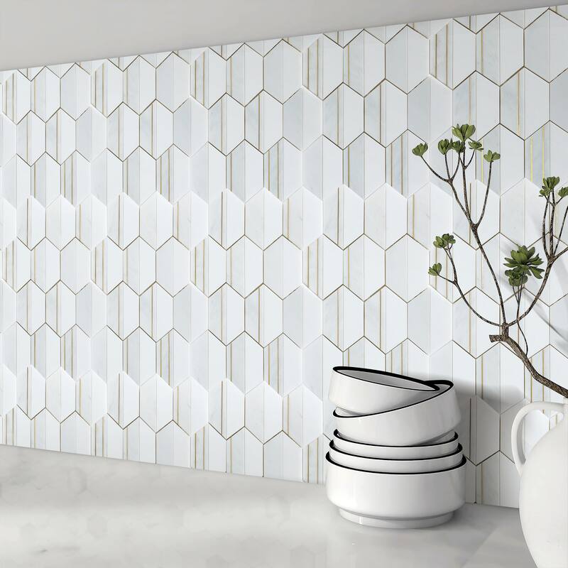 4" Hexagon Mix Marble And Metal Mosaic Tile - Case (8 Sheets)