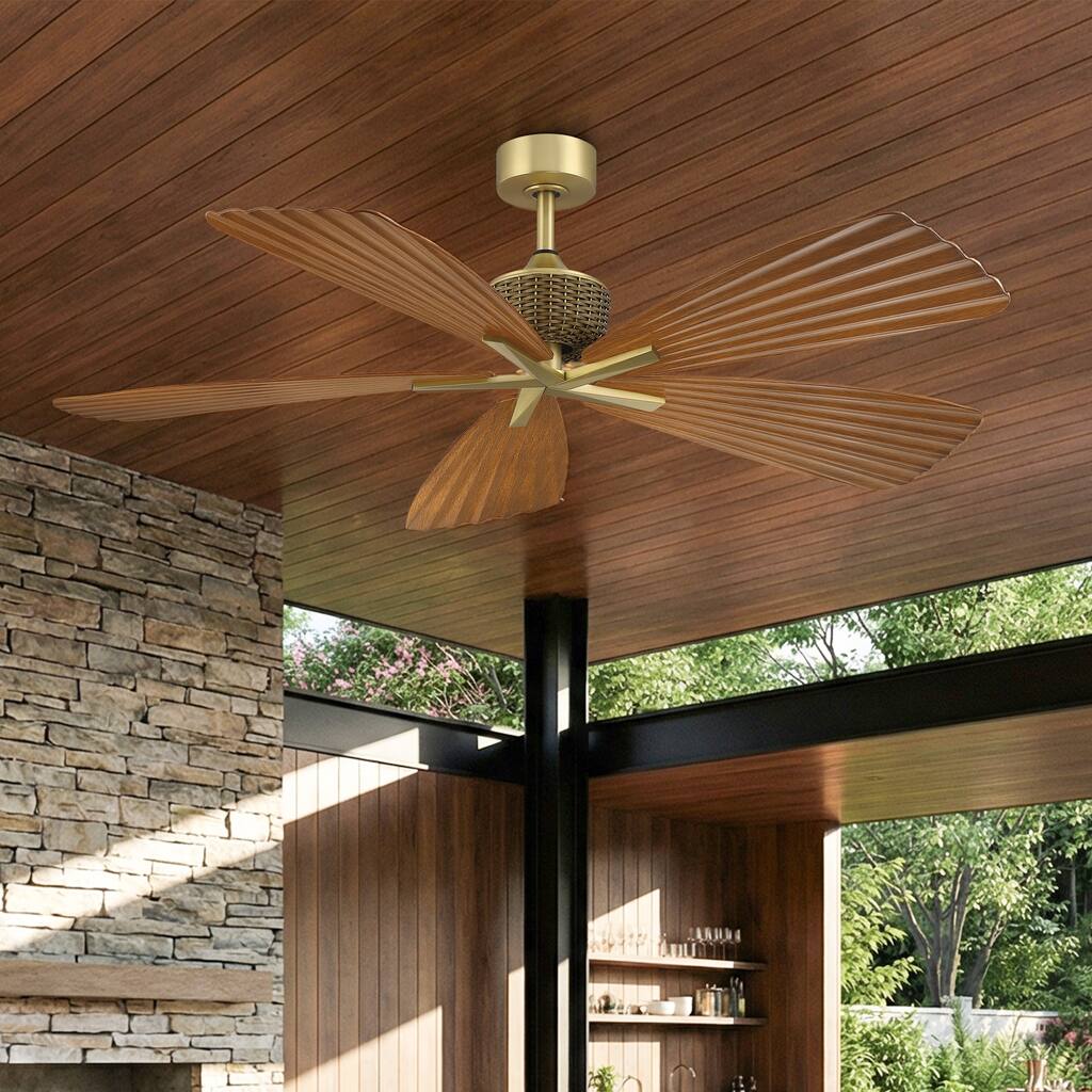 56" Brown Tropical Pleated Leaf 5-Blade Indoor Outdoor Ceiling Fan with Remote, No Light