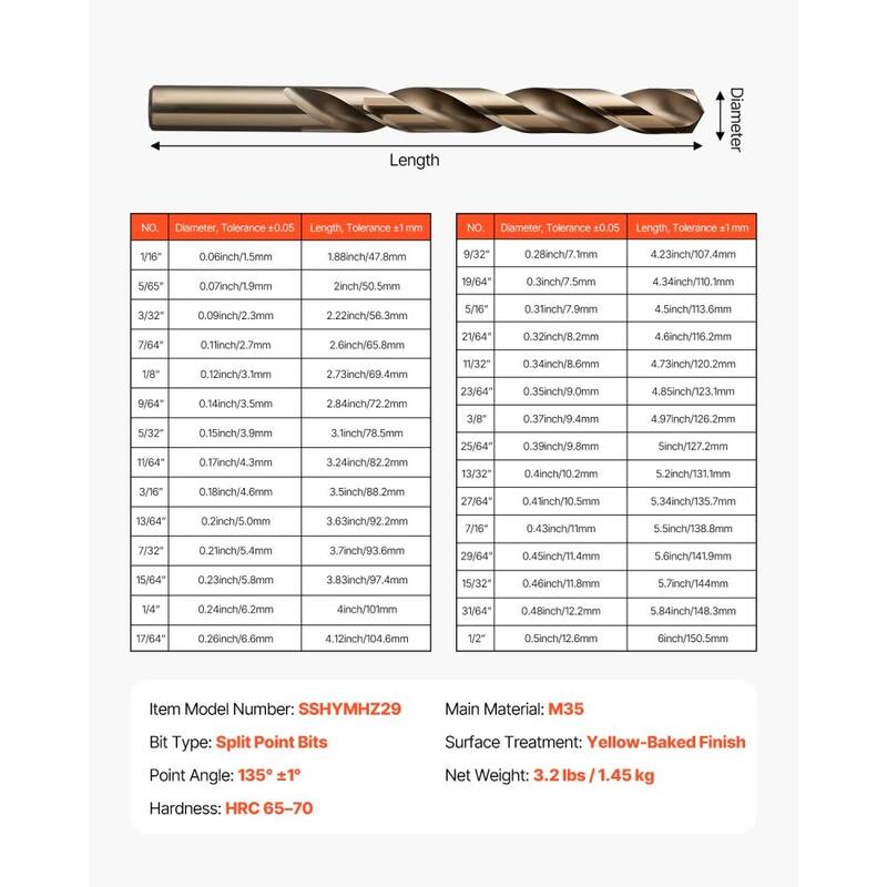 Black M35 Cobalt 29pcs Drill Bit Set with 135 Split Point and Storage Case - 7.08 x 4.33 x 2.16 in