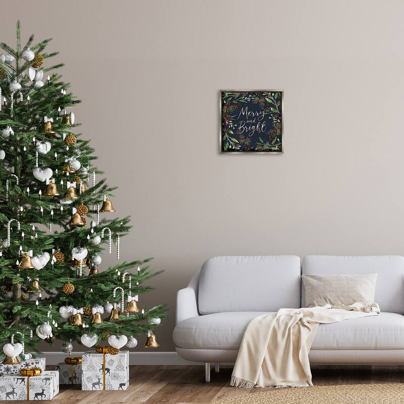 Stupell Merry & Bright with Holly Leaves Framed Floater Canvas Wall Art Design By Elizabeth Tyndall