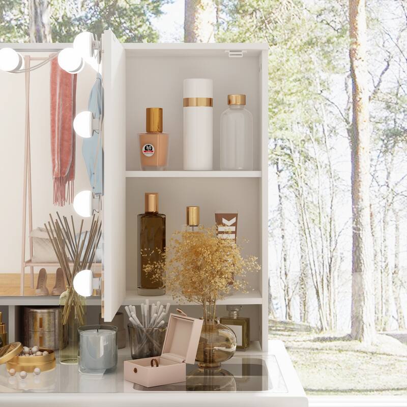 Glass Top Soft-Close Adjustable Lighting Vanity Dresser Vanity Makeup Table Dressing Table