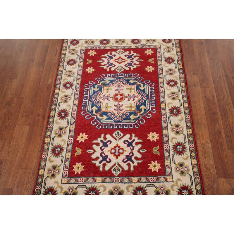 Red Geometric Kazak Foyer Rug Handmade Wool Carpet - 2'10" x 4'1"