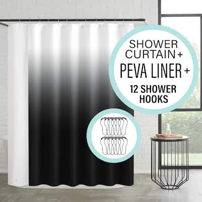 14-Piece Bath/Shower Set - Ombre Shower Curtain, Hooks & PEVA Liner