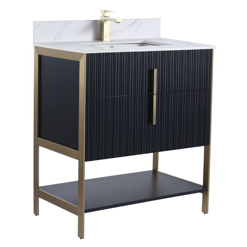 Fine Fixtures Serenity Modern Bathroom Vanity with White Carrara Stone Top - Black Matte - Brass Hardware - 30 inch