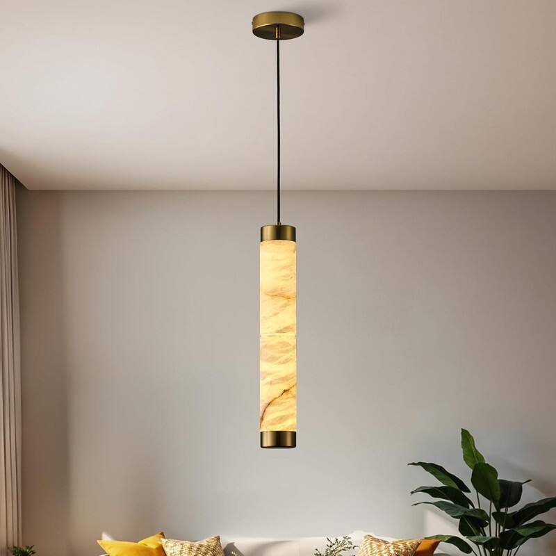 KAYLA Natural Alabaster Pendant Light - Brass Cylinder Marble Long Hanging Light - 19in - Gold