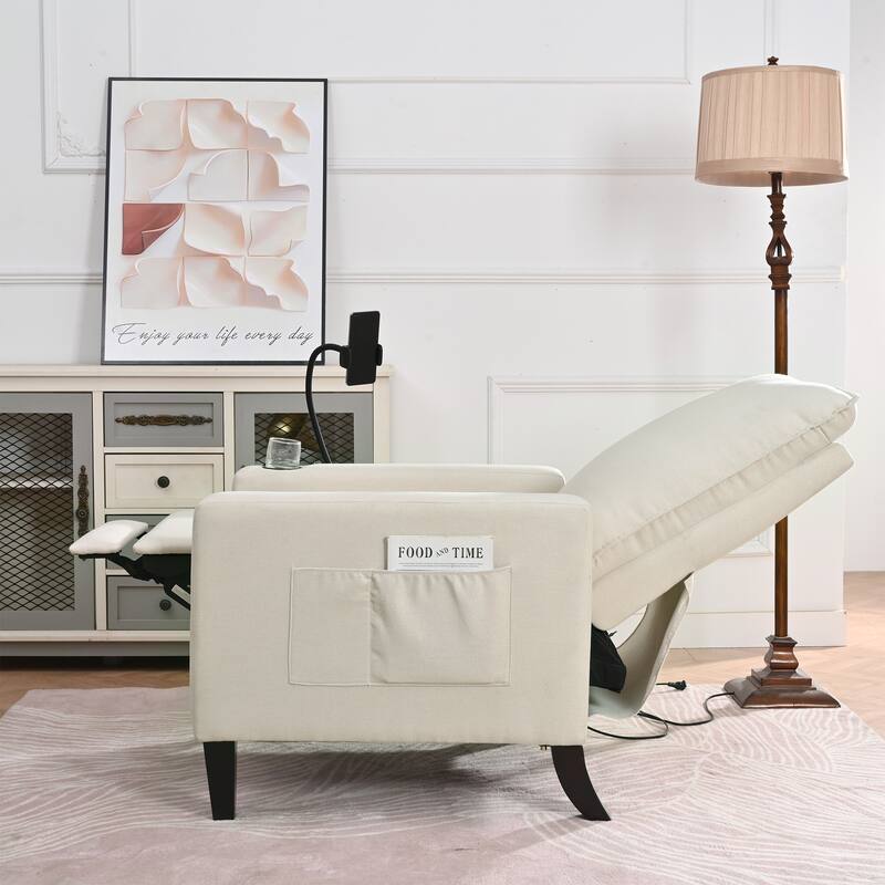 Beige Modern Fabric Manual Adjustable Recliner Chair with Mobile Phone Holder, Cup Holder, and Footrest