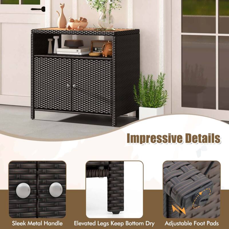 Costway Patio Rattan Storage Cabinet with Acacia Wood Countertop Open - See Details