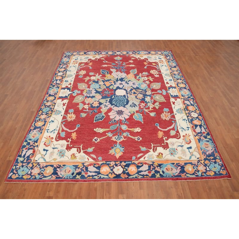 Hand Knotted Oriental 100% Wool Carpet Transitional Floral Red Oushak Area Rug - 12' 0'' X 9' 3''