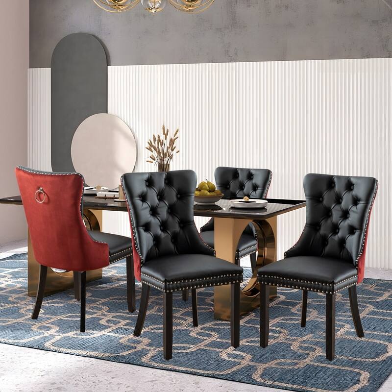 High-end Tufted Velvet Upholstered Nailhead Dining Chair Set of 6 - Set of 4 - Black Red
