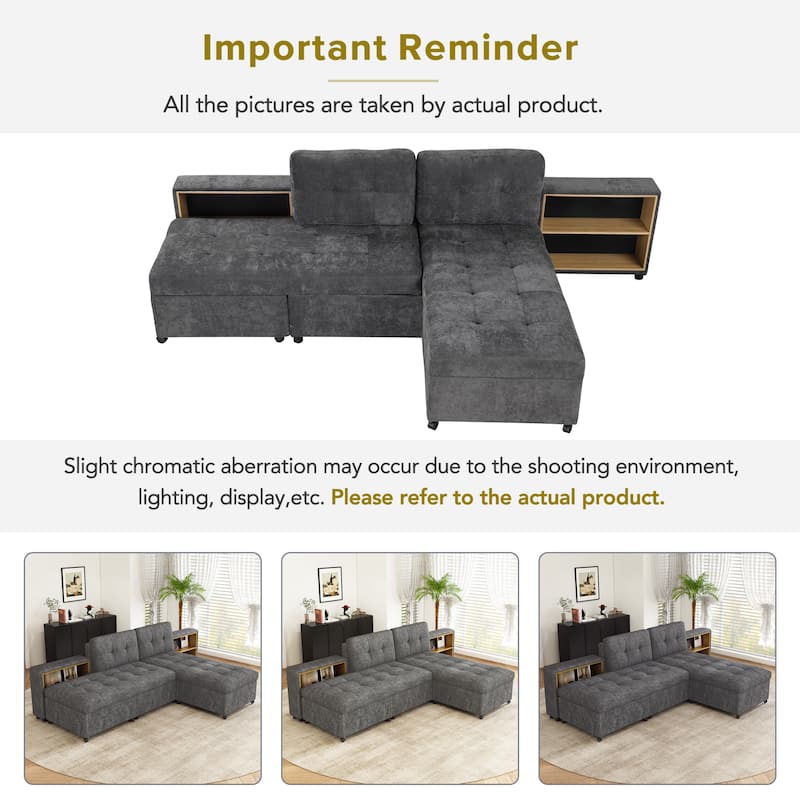 Modern Modular Sofa Bed with Built in Storage Racks and Chenille Upholstery and multiple wheels for Living Room