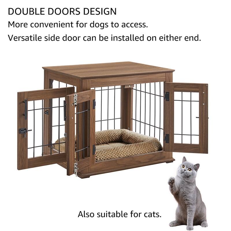 unipaws Pet Crate End Table, Double Doors Dog Kennel with Pet Bed