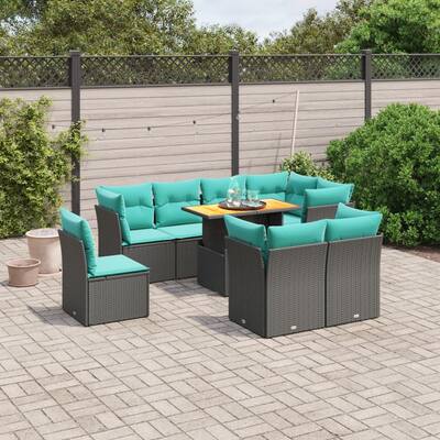 vidaXL 9 Piece Patio Sofa Set with Cushions Black Poly Rattan - 24.4 x 24.4 x 27.2