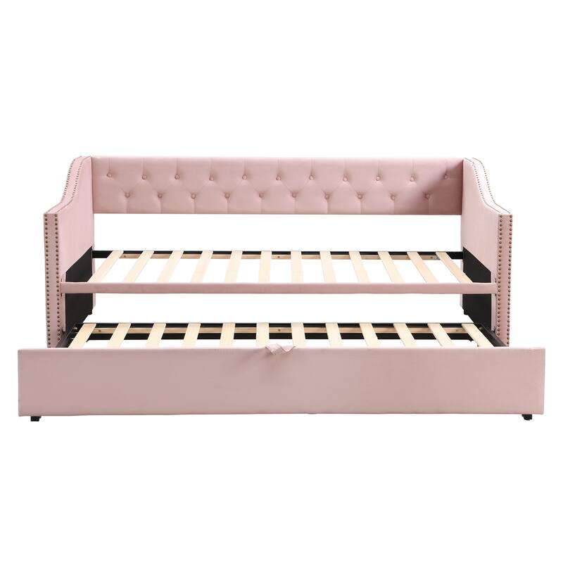 Twin to King Daybed with Pop Up Trundle, Button Tufted Backrest and Wooden Slat Support