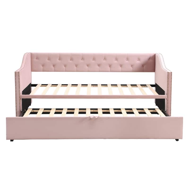 Upholstered Daybed with Pop up Trundle, Twin Size Daybed Frame with Extendable Trundle, Tufted Sofa Bed with Wood Slat Support