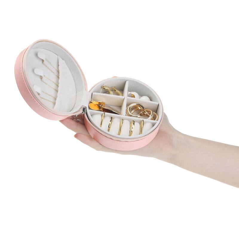 Travel Jewelry Box for Women Girls Birthday Gifts, Small Round Portable PU Leather Jewelry Organizer Case for Earring Necklace