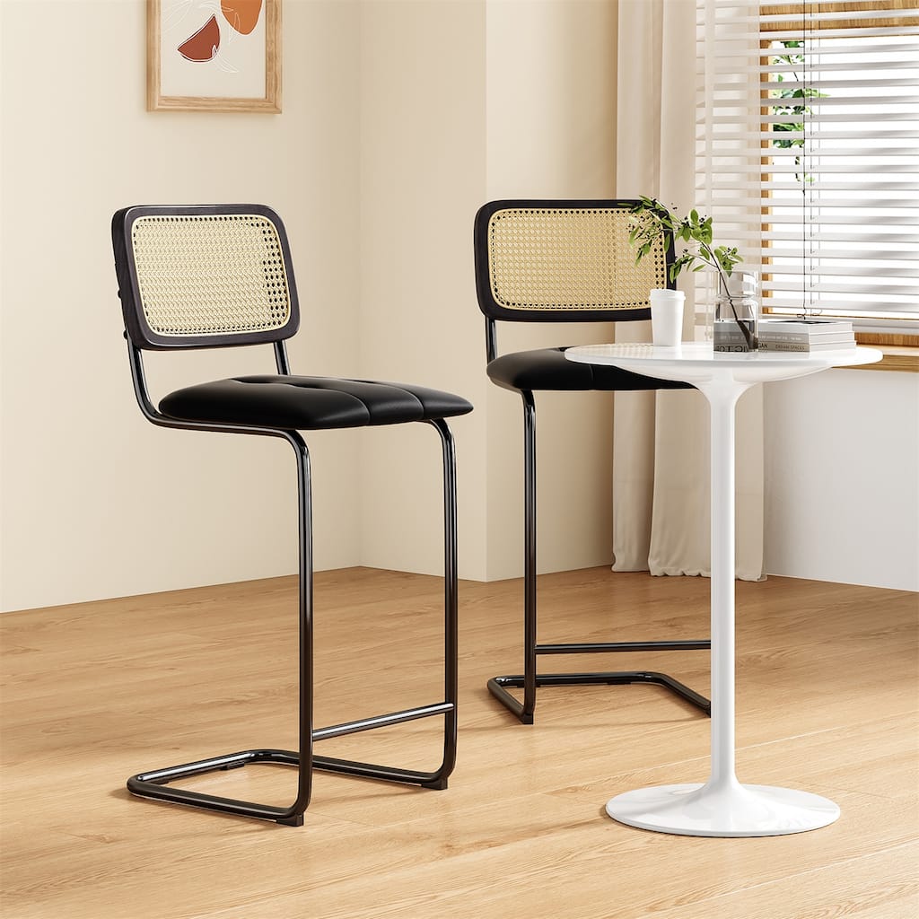 Upholstered PU Leather Barstools with Rattan Back (Set of 2)