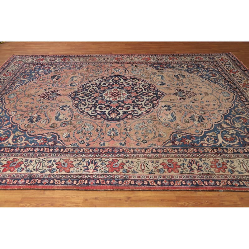 Hand Knotted Oriental 100% Wool Carpet Traditional Floral Pink Tabriz Area Rug - 11' 0'' X 8' 0''