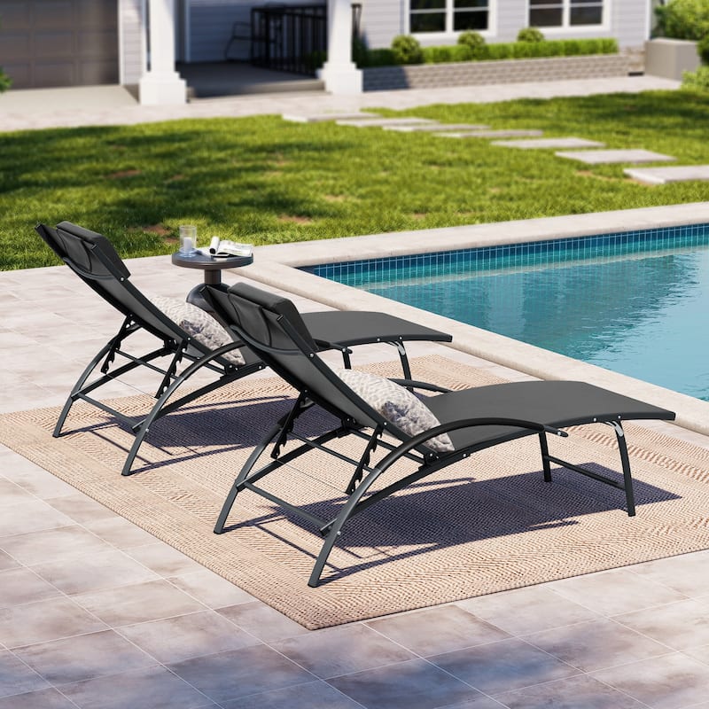 3-piece Outdoor Adjustable Aluminum Reclining Chaise Lounge Chairs with Wheels and Side Table Set