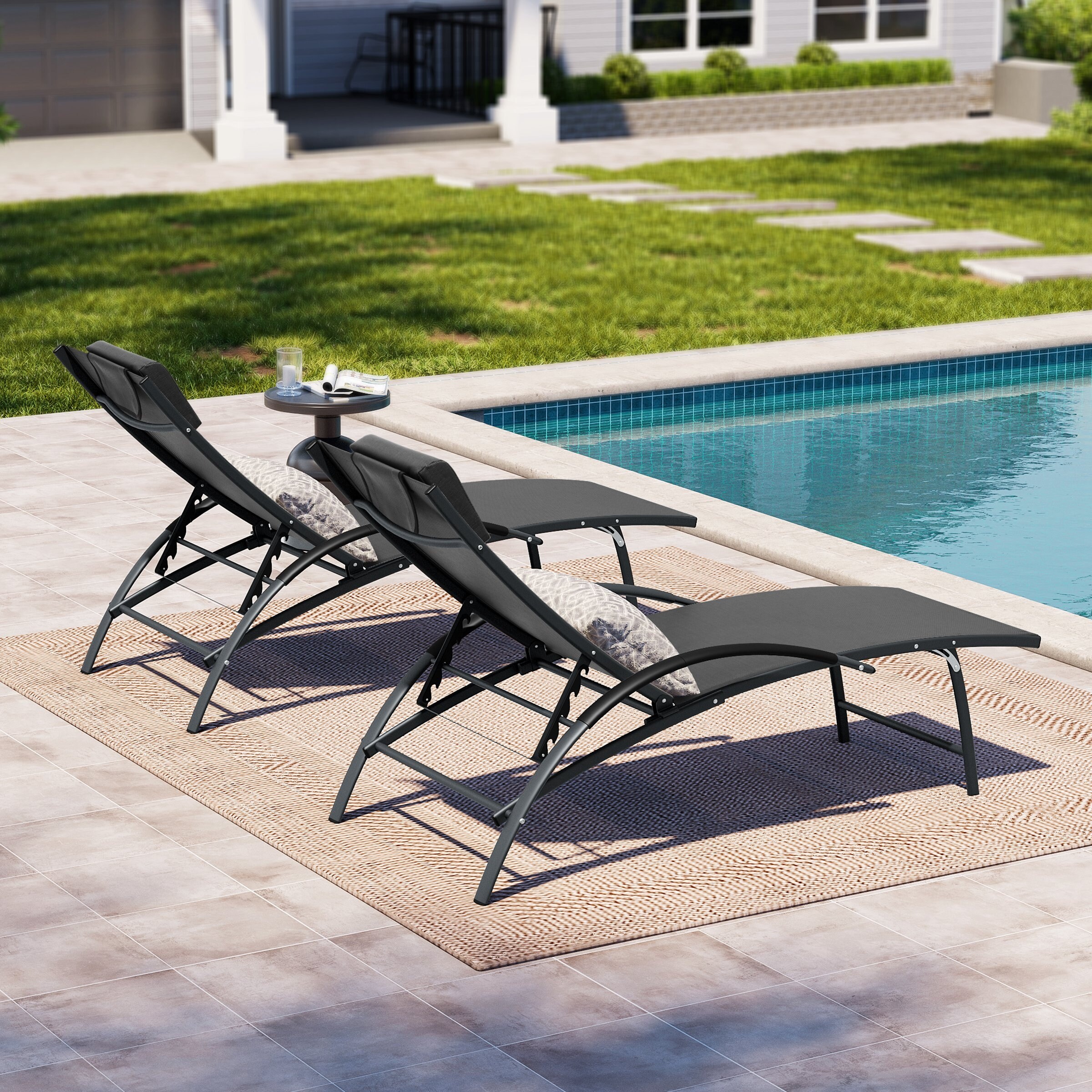 Adjustable Outdoor Reclining Chaise Lounge Chair with Arms-image
