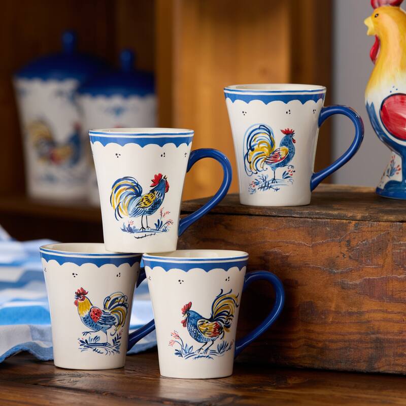 Certified International French Rooster 16 oz. Mugs, Set of 4 Assorted Designs