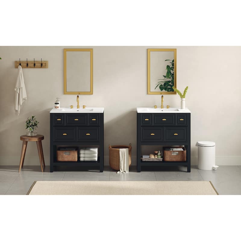 60'' Bathroom Vanity With Ceramic Sink Combo, Free Standing Single Vanity Set With 5 Drawers,Solid Wood FrameStorage Cabinet