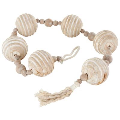 Wood Abstract Handmade Ribbed Wall Decor with White Rope - Beige - Roche River Decor
