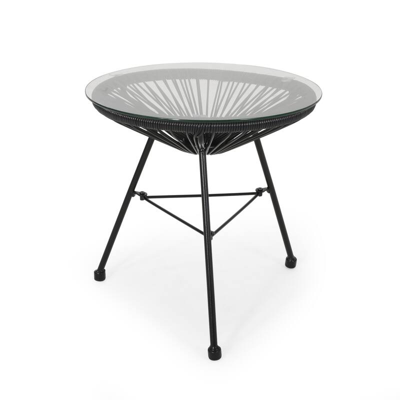 Modern Outdoor Rattan Side Table with Tempered Glass