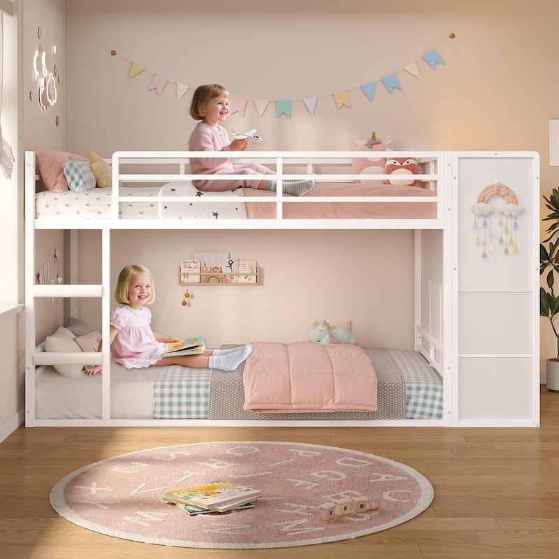 Twin Size Low Loft Bed 6 Fabric Storage Drawers LED Lights Twin Over Twin Bunk Bed