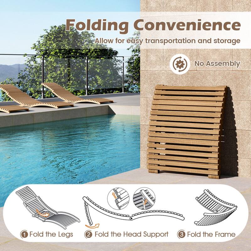 Gymax 2PCS Outdoor Folding Teak Wood Chaise Lounge Chair w/Curved
