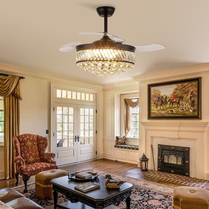 48" Crystal Fandelier Ceiling Fan with Light and Retractable Blades LED Dimmable for Bedroom Living Room - 48 Inches