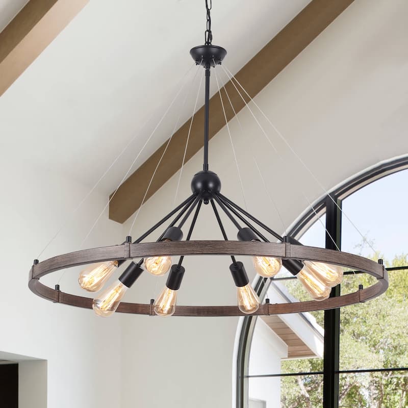 8-Light Farmhouse Wagon Wheel Chandelier with Adjustable Chain - Black+Brown