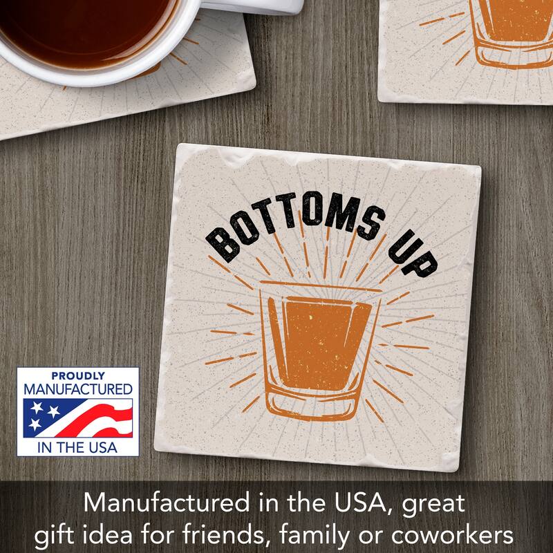 Bottoms Up 4 Pack Absorbent Stone Coasters with Cork Backing 4" Square Made in The USA Absorbent Wipes Clean