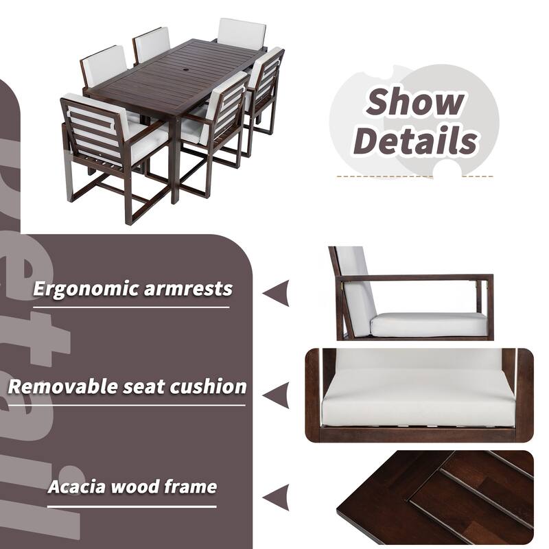 Patio Dining 7 Piece, Outdoor Dining Table and Chair Set with 6 Chairs and Removable Cushions for Patio Garden 7 Pack Brown