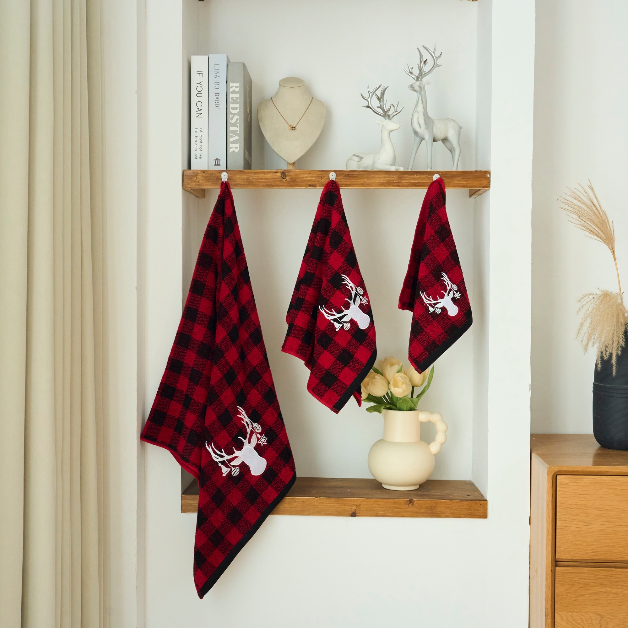 Xmas Premium Luxury Decor Soft 100% Cotton Embroidered Bathroom Modern 3  Piece Christmas Towel Set, Red Black Plaid Xmas Deer - Bed Bath & Beyond -  39174156